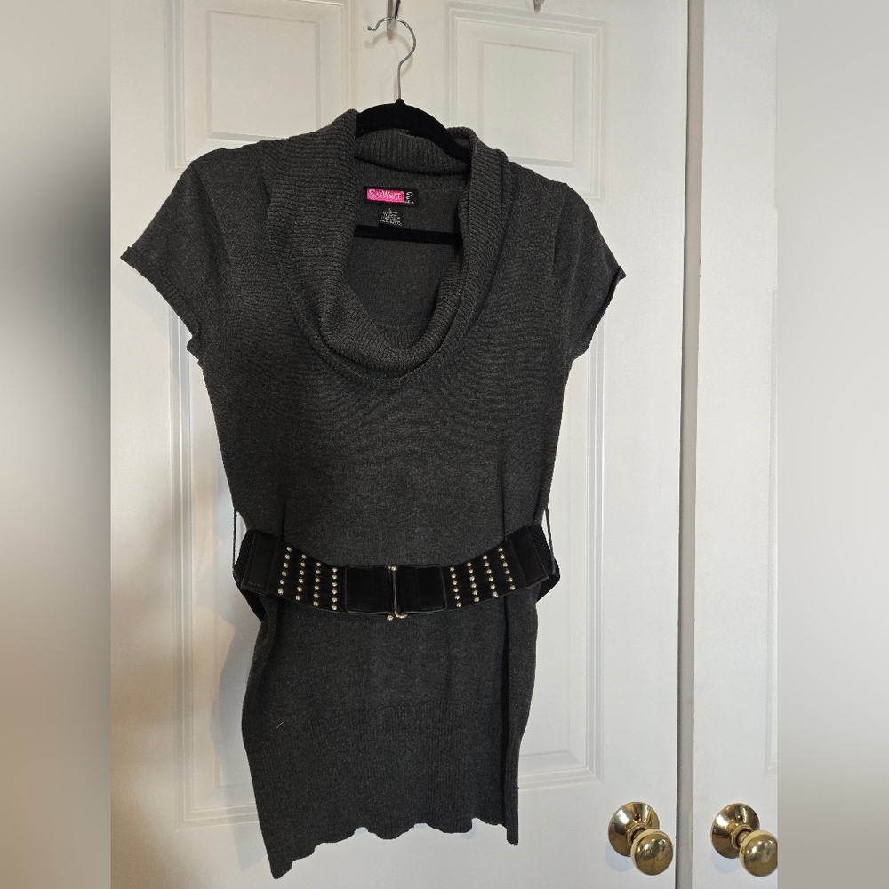 Say What? Gray and Black Cowl Neck Sweater with Turtleneck Style